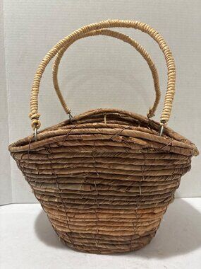 rustic rare wicker basket natural brown corn rope handmade twisted branch handle